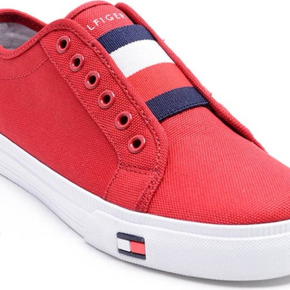 Tommy Hilfiger Red Canvas Slip-On Sneakers with Navy & White Stripes